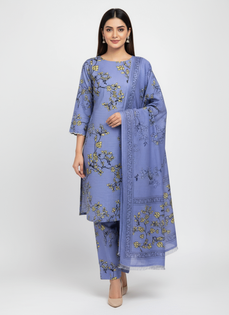 A model wearing our fab zone brands 3pc printed dress in Bana dora fabric