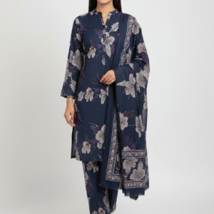 Navy blue floral print with matching trouser & printed dupatta (Unstitched)