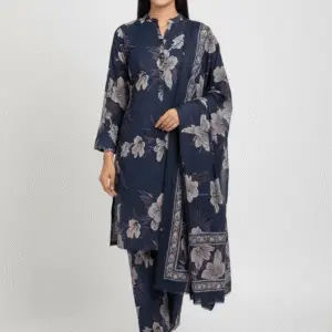 3pc Navi Blue Digital Printed Bana Dora Suit for Women (Unstitched)
