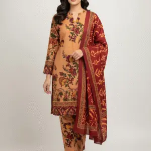 Brown & Red Digital Printed Winter Silk with Jacquard Dupatta suit (Unstitched)