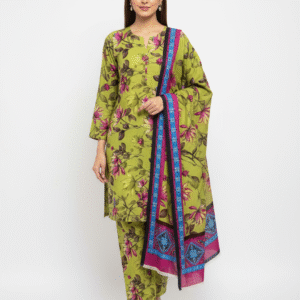 Olive Green with Pink Floral & Border (Unstitched)