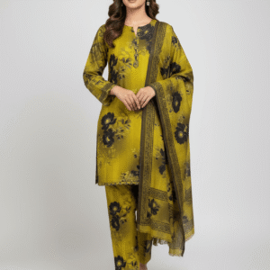 Yellow Digital Printed Suit with Black Dupatta (Unstitched)
