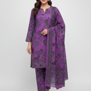 3pc Purple Digital Printed Bana Dora Suit for Women (Unstitched)
