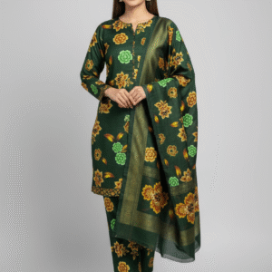 3pc Dark Green Digital Printed Bana Dora Suit for Women (Unstitched)