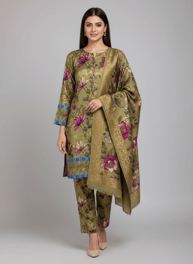 A women wearing Fab Zone brands 3 pcs printed dress in all-over Winter silk Fabric trouser & shirt, and jackquard fabric dupatta