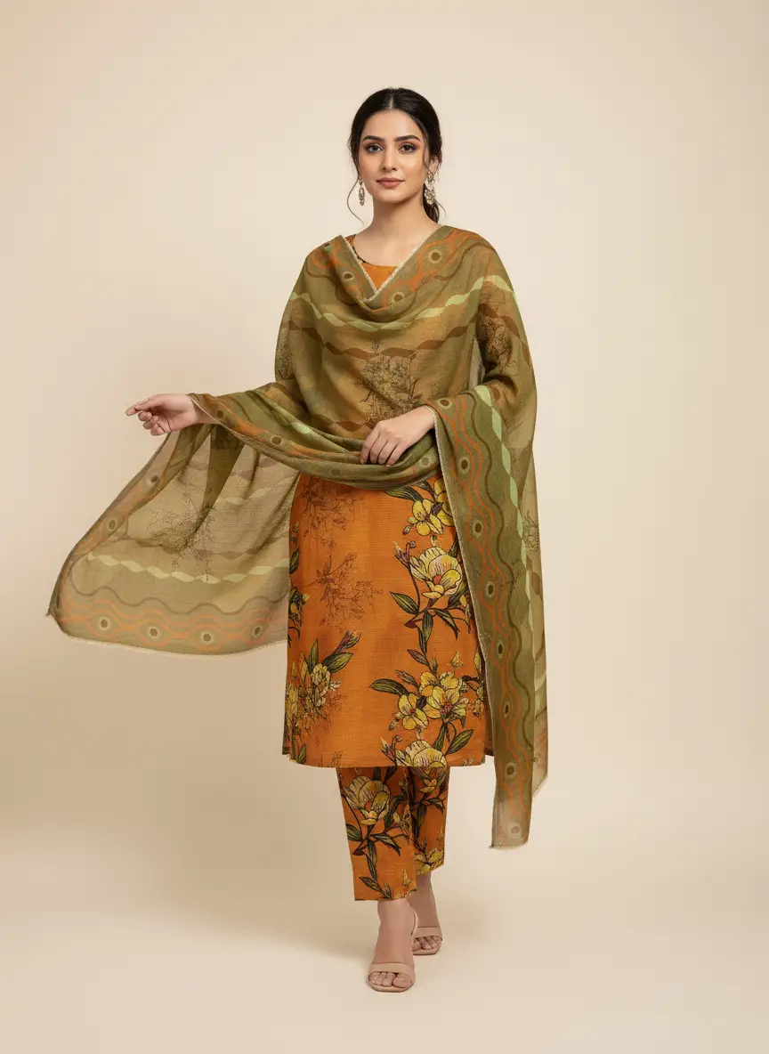Orange and Green Digital Printed Suit (Unstitched)