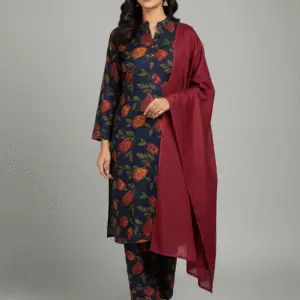 Navy and Red floral digital print kurta suit (Unstitched)
