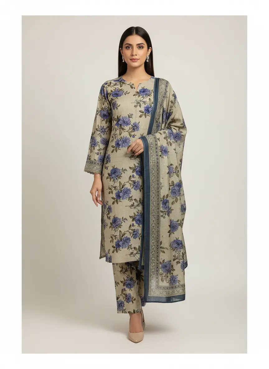 Beige Floral Digital Printed Suit (Unstitched)