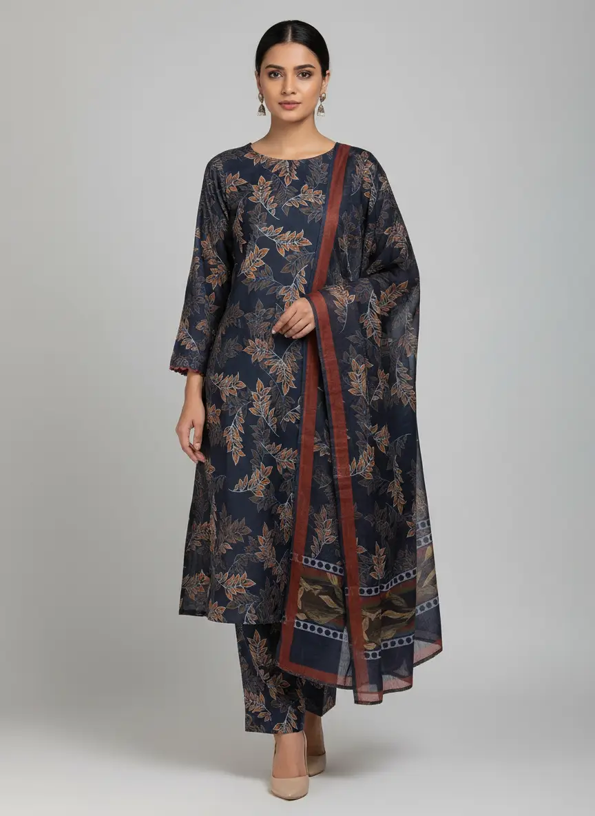 Navy blue and Red Digital printed suit (Unstitched)
