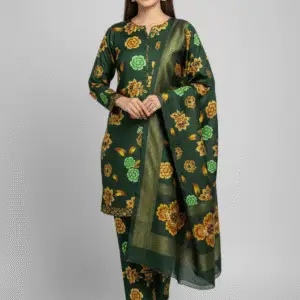 Dark Green Digital Printed Winter Silk with Jacquard Dupatta suit (Unstitched)