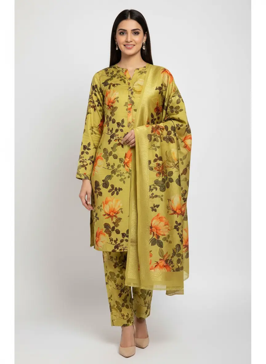 Light green Digital Printed Winter Silk with Jacquard Dupatta suit (Unstitched)