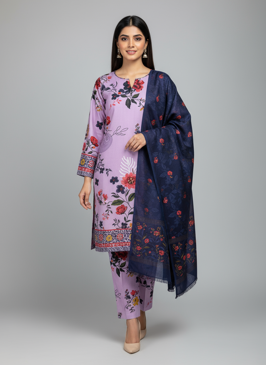 Orange and Blue Digital Printed Suit (Unstitched)