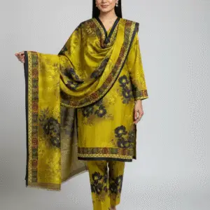 Yellow & black Digital Printed Winter Silk with Jacquard Dupatta suit (Unstitched)