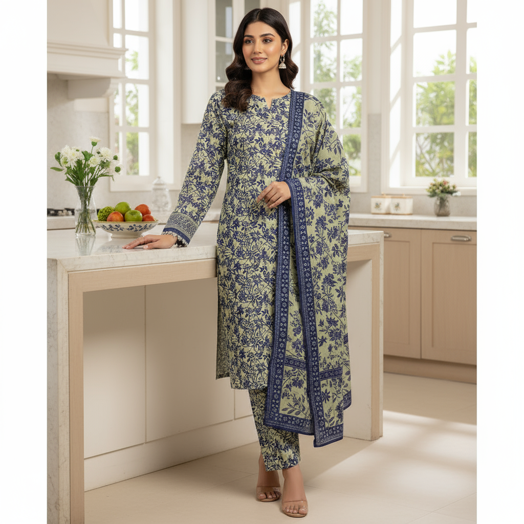 3pc Digital printed All-over khaddar dress for women (Unstitched)
