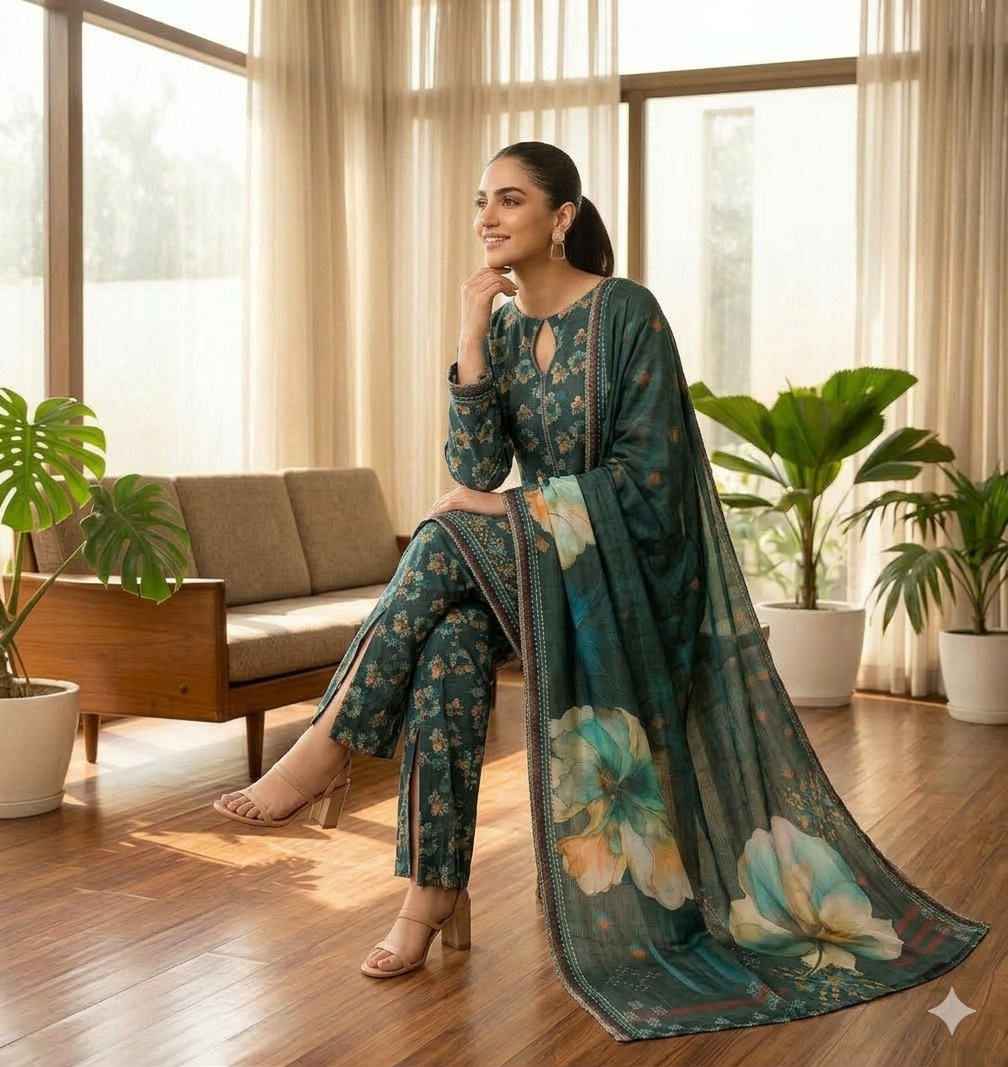 3pc Digital Printed lawn dress (unstitched) - Image 2