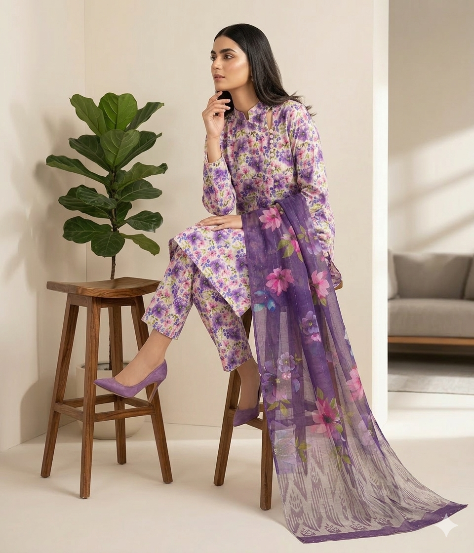 3pc Digital Printed lawn dress (unstitched) - Image 2