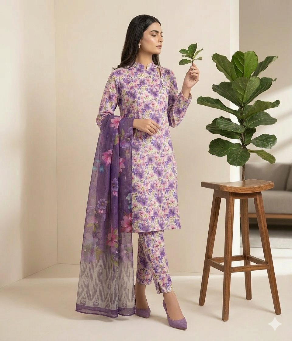 3pc Digital Printed lawn dress (unstitched) - Image 3