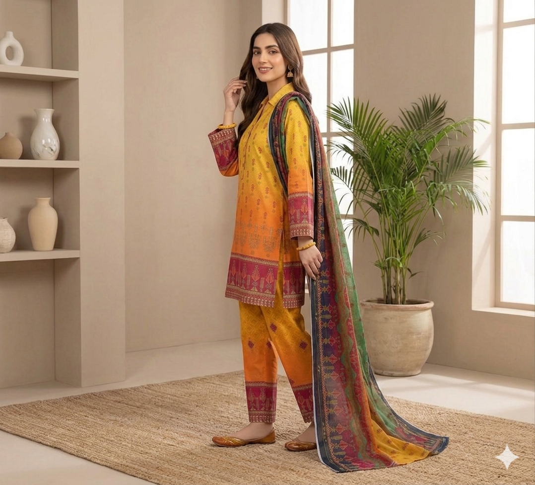 3pc Digital Printed lawn dress (unstitched) - Image 2