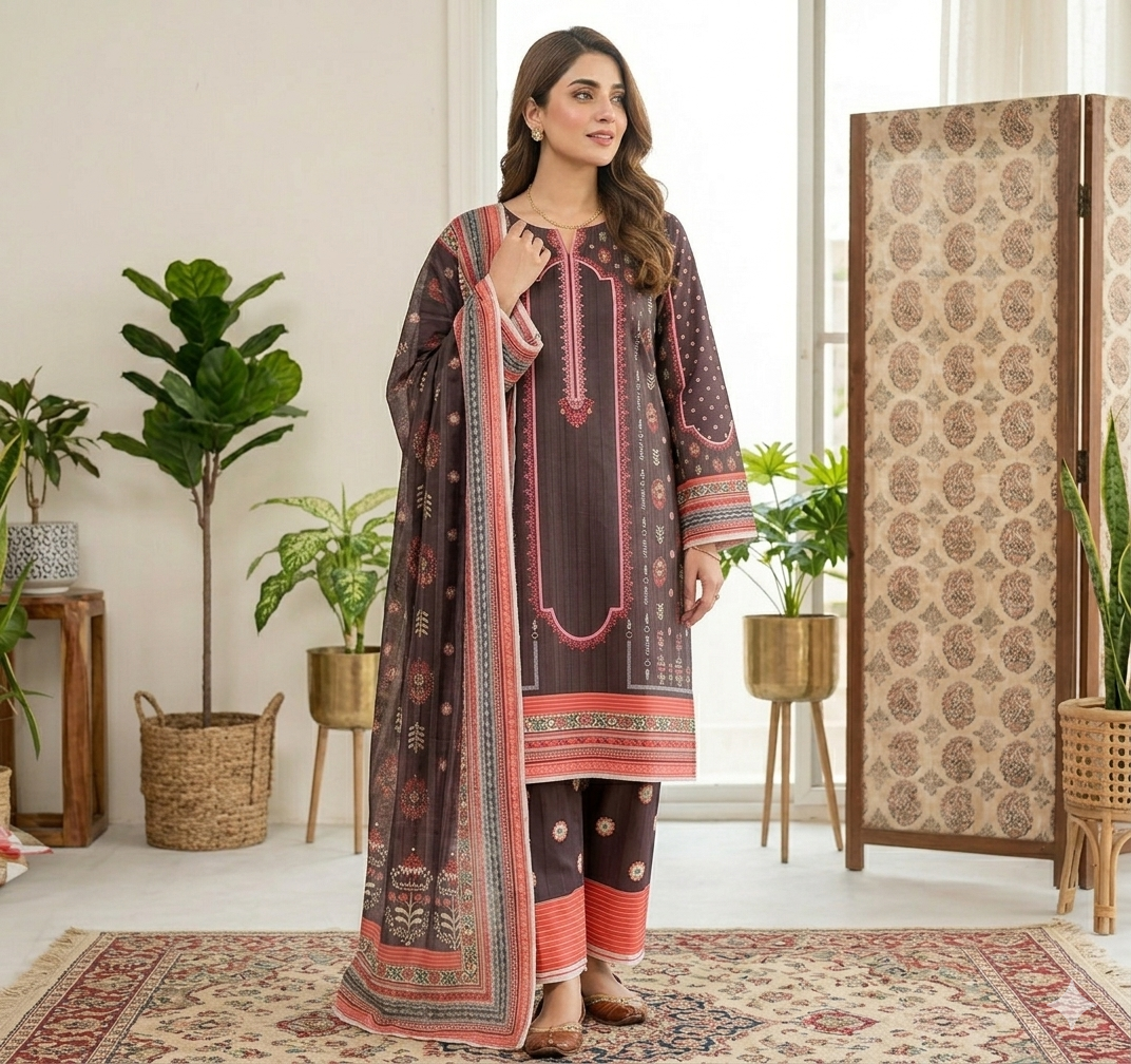 3pc Digital Printed lawn dress (unstitched) - Image 3