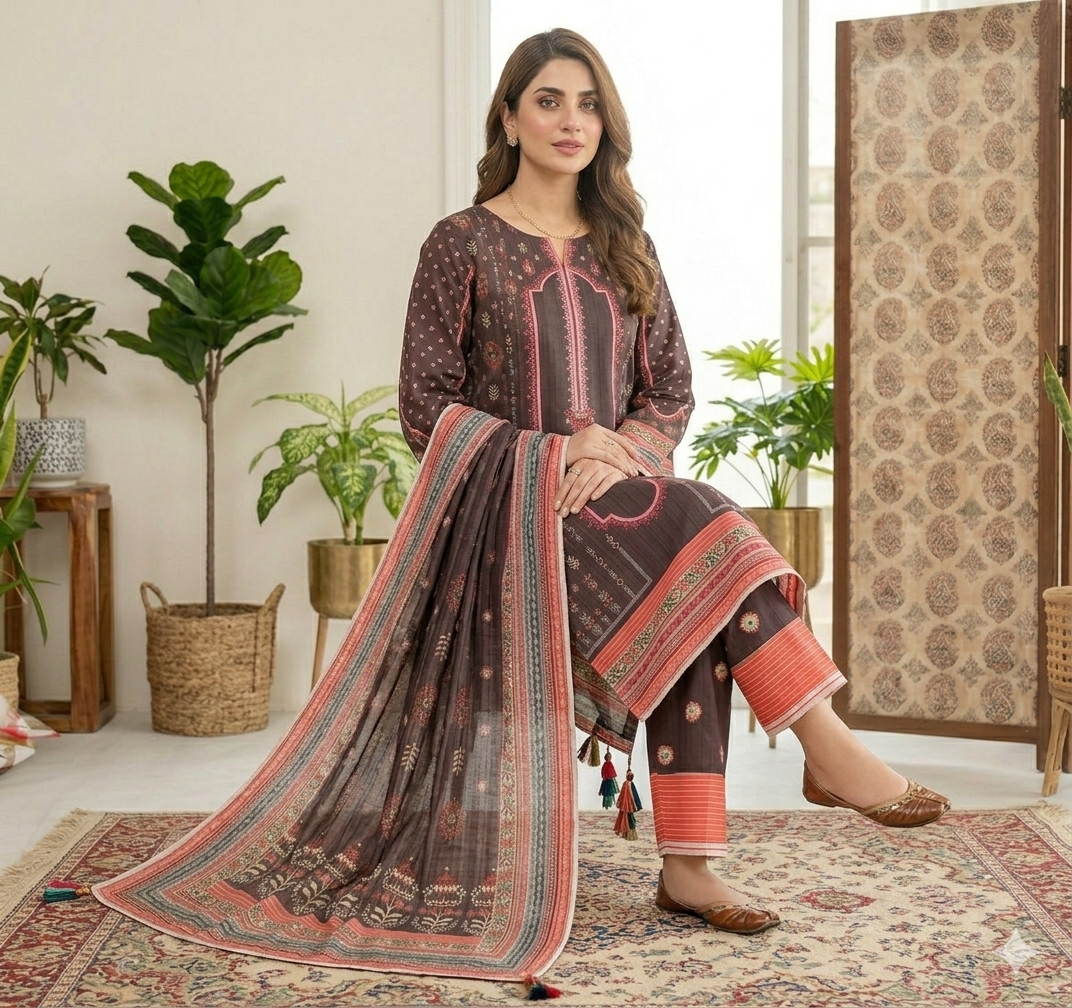 3pc Digital Printed lawn dress (unstitched) - Image 2