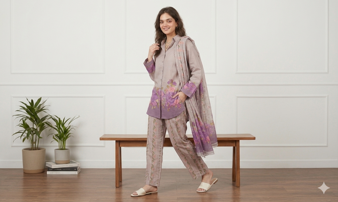 3pc Digital Printed Co-ord set (unstitched) - Image 4