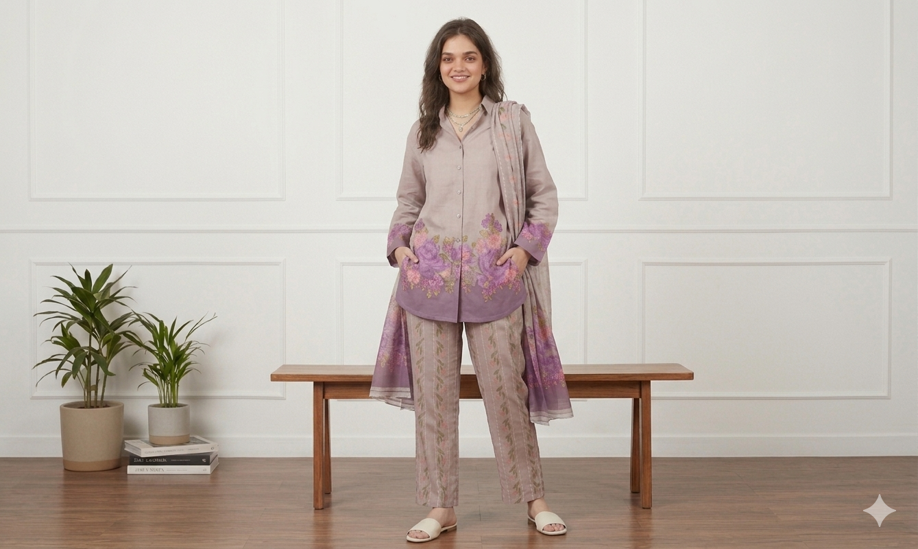 3pc Digital Printed Co-ord set (unstitched) - Image 2