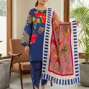 Blue Petal 3 Piece (Unstitched Suit) - Fab Zone by Amal