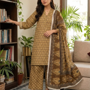3 Piece Printed Slub Lawn Suit – Brown & Gold Printed