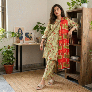 3 Piece Floral Printed Slub Lawn Suit – Green & Red