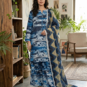 3 Piece Floral Printed Slub Lawn Suit – Blue & Black