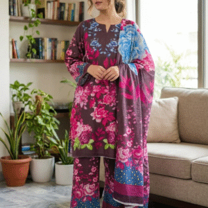 3 Piece Floral Printed Slub Lawn Suit – Unstitched Summer Dress