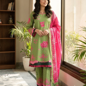 3 Piece Printed Lawn Suit – Green & Pink Floral