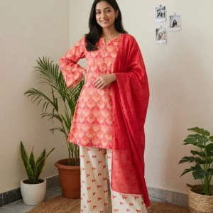 3 Piece Printed Slub Lawn Suit – Peach & Red Floral