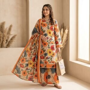 Beige Floral– Printed Karandi 3 Piece Unstitched Suit