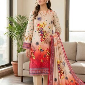 Cream & Red – Printed Khaddar 3 Piece Unstitched Suit