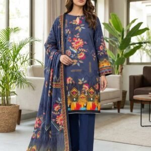 Navi Blue – Printed Khaddar 3 Piece Unstitched Suit