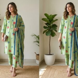 Parrot Green – Printed Karandi 3 Piece Unstitched Suit