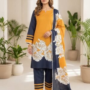 Yellow & Navi – Printed Kadrai 3 Piece Unstitched Suit