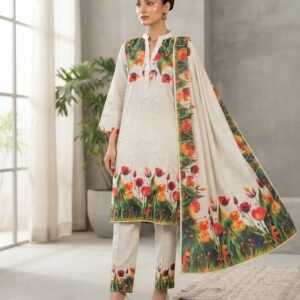 White Floral Kadrai 3 Piece Unstitched Suit | Fab Zone by Amal