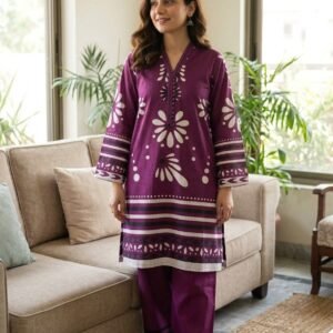 Purple 2pc Kadrai Printed Dress – Winter Unstitched Suit