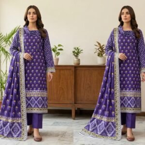 Purple Digital Printed Kadrai Suit – 3 Piece Unstitched